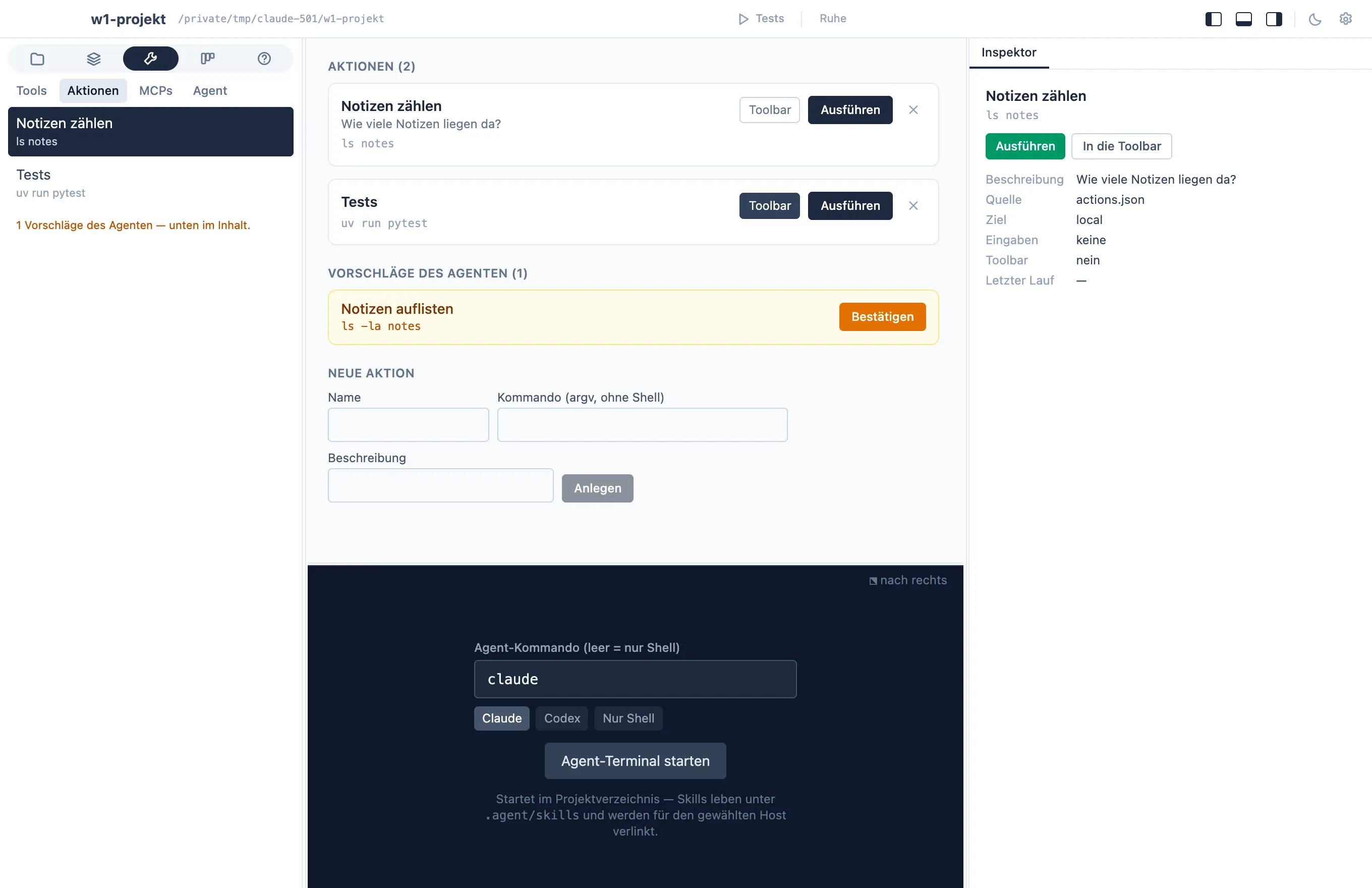 The actions tab: a runnable action and an agent proposal awaiting approval