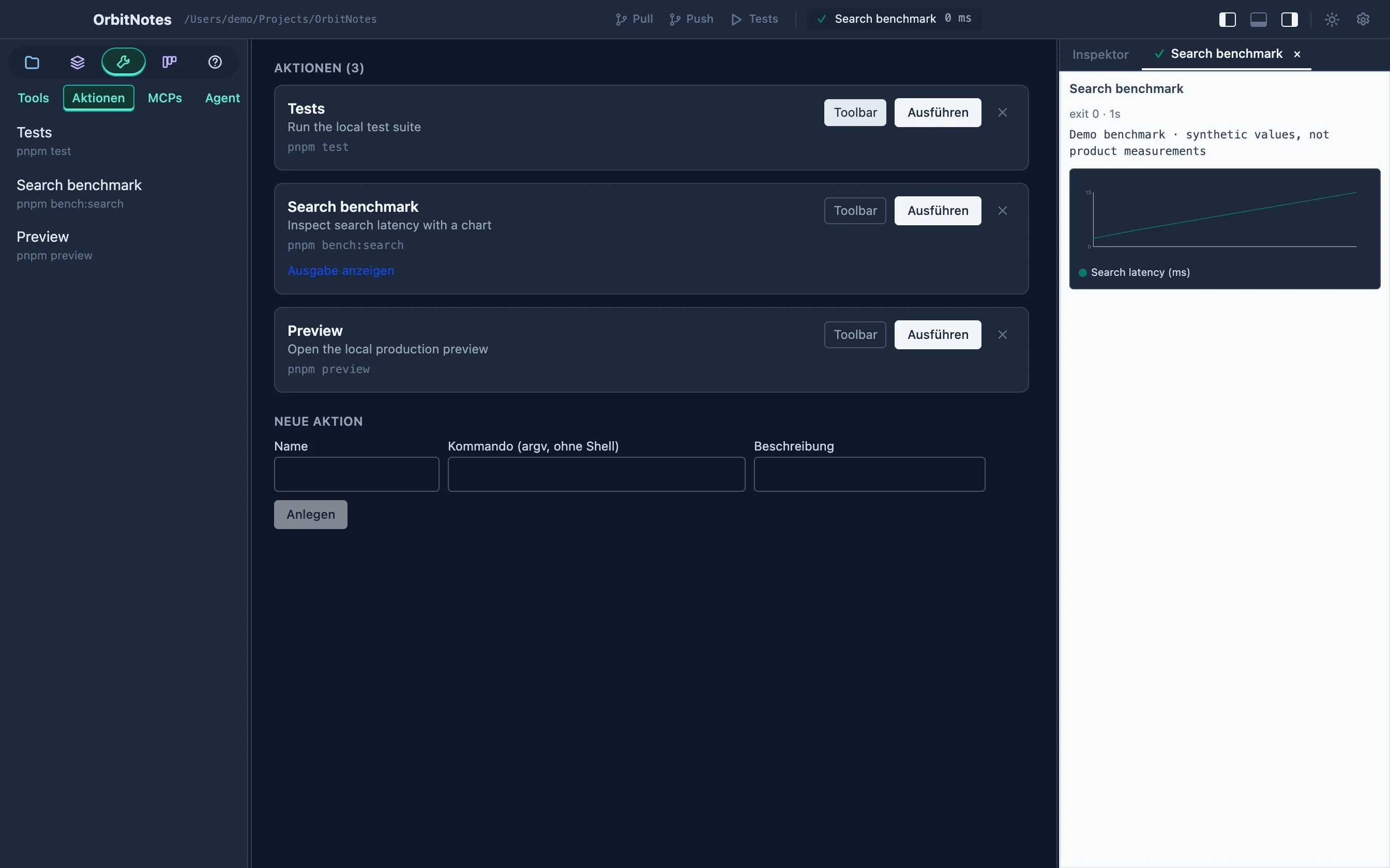 Project actions with a search benchmark and its separate output tab showing a synthetic latency chart and exit status