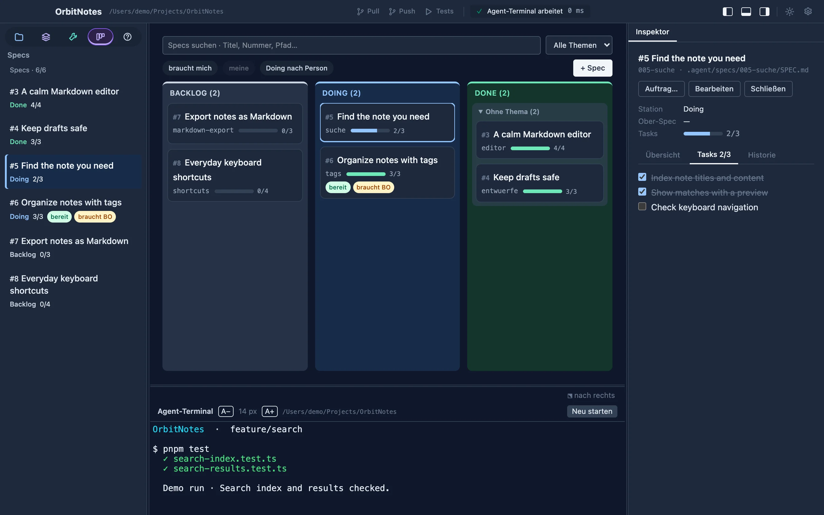 Speccify in the macOS layout: six specs on the board, selected search tasks in the inspector and a project terminal below