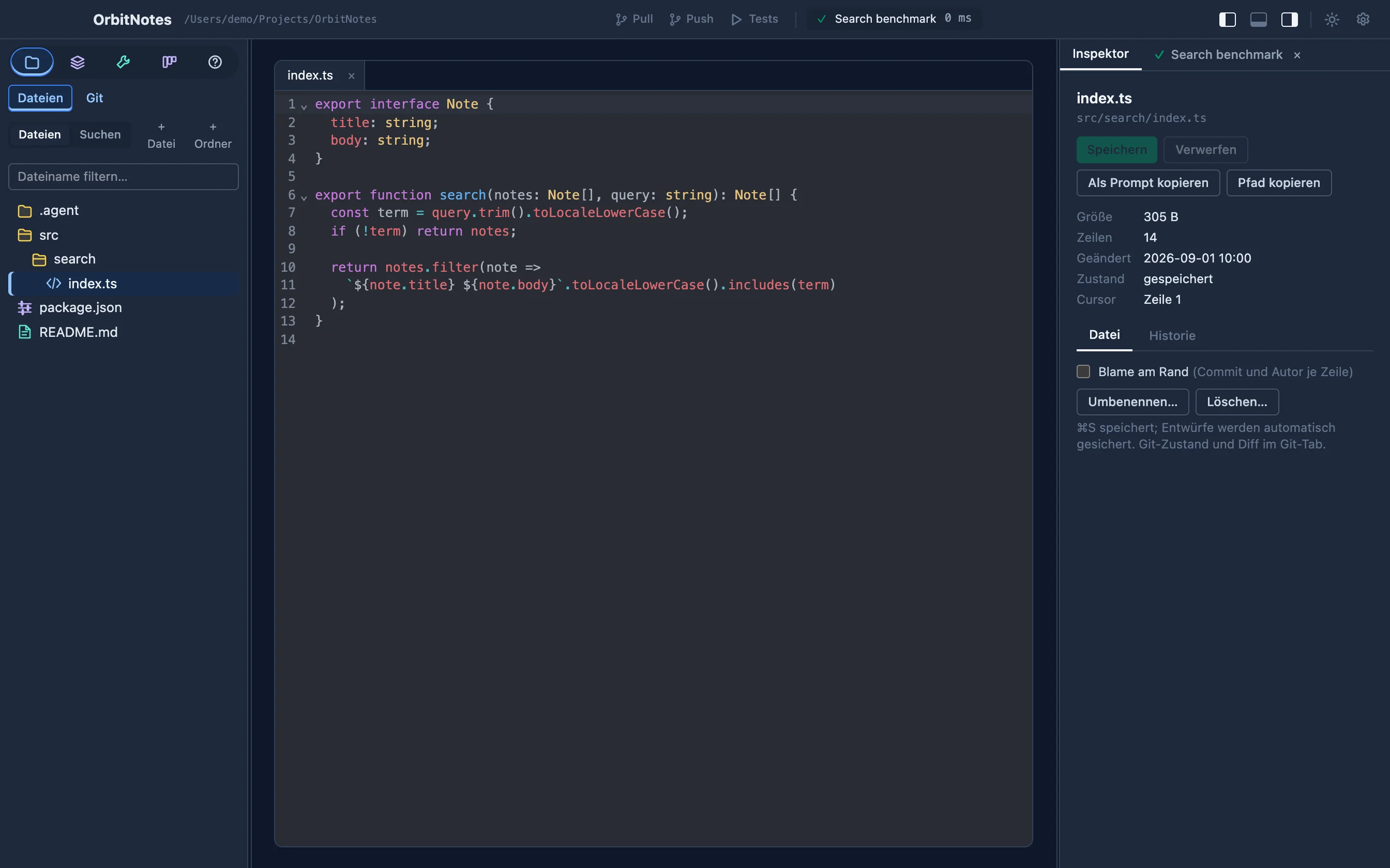 Project file tree, TypeScript search function in the editor and file information in the inspector
