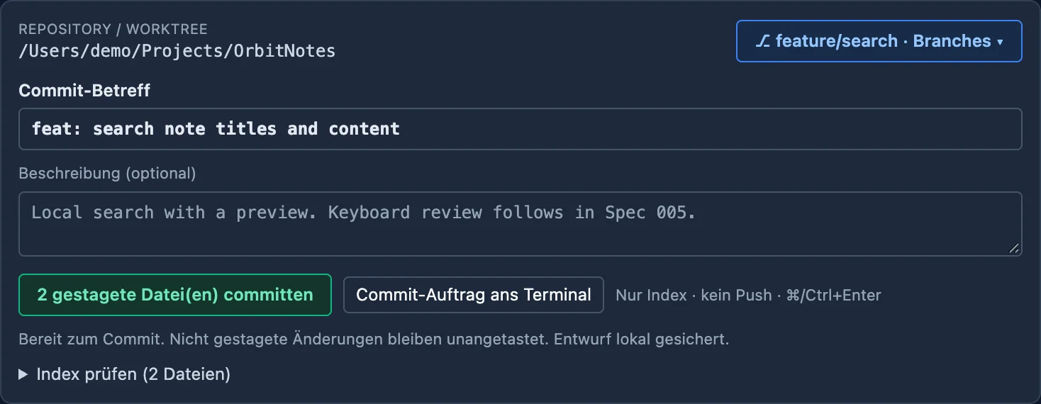 Git workspace detail with a commit draft, two staged files, index preview and branch selector