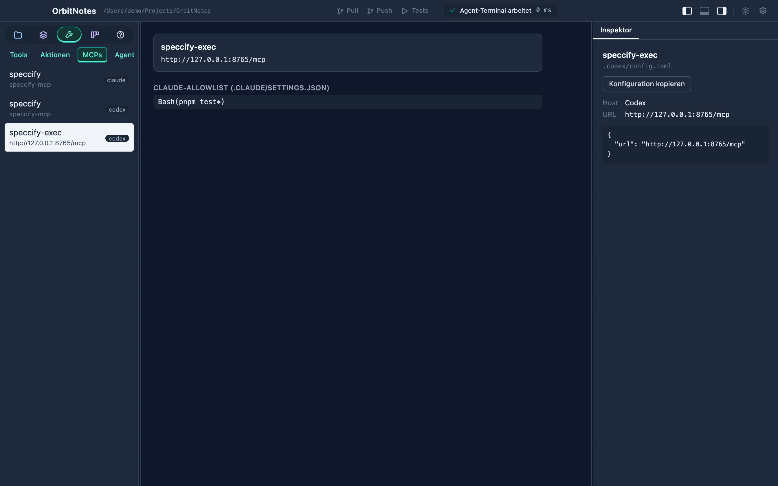 Project MCP view showing separate Claude and Codex configurations and a selected local speccify-exec endpoint