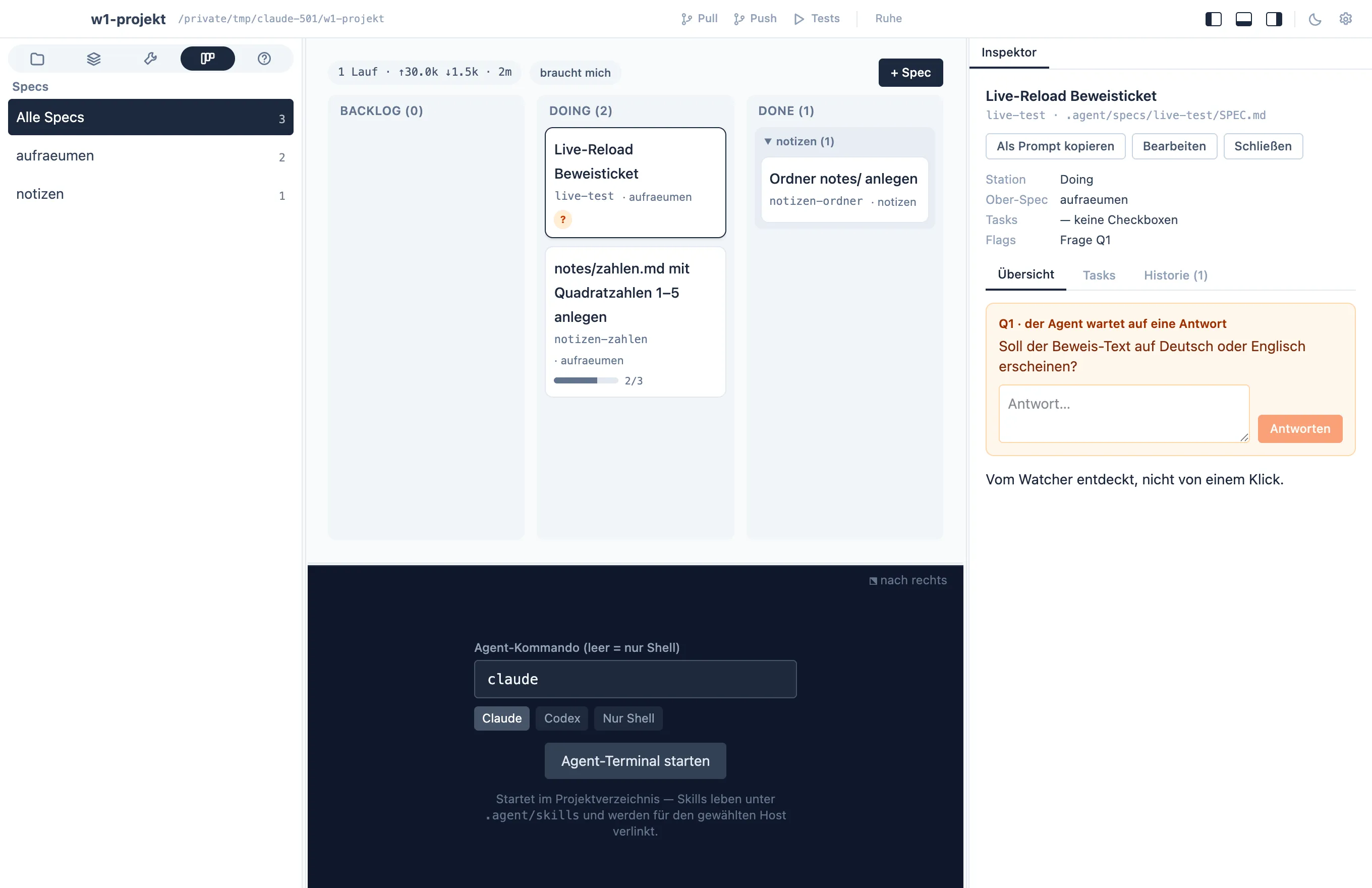 A project window: navigator with icon tabs on the left, the specs board in the middle, the selected spec in the inspector on the right, agent terminal at the bottom