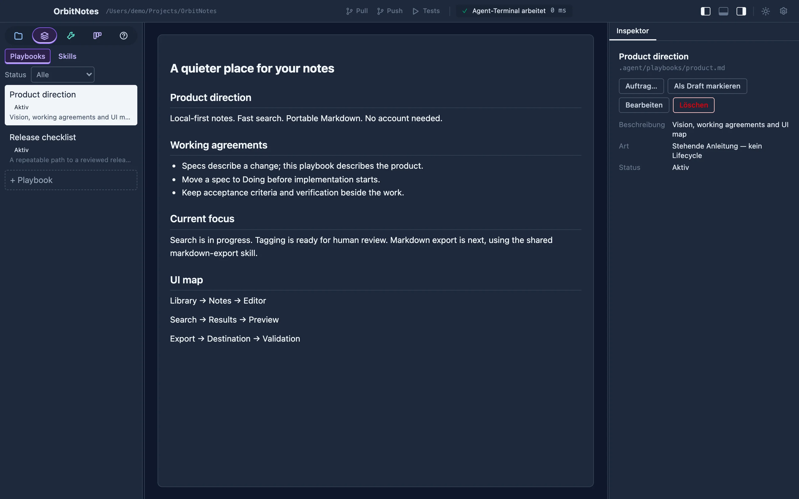 Product playbook showing vision, working agreements, current focus and a UI map, with a release checklist in the navigator