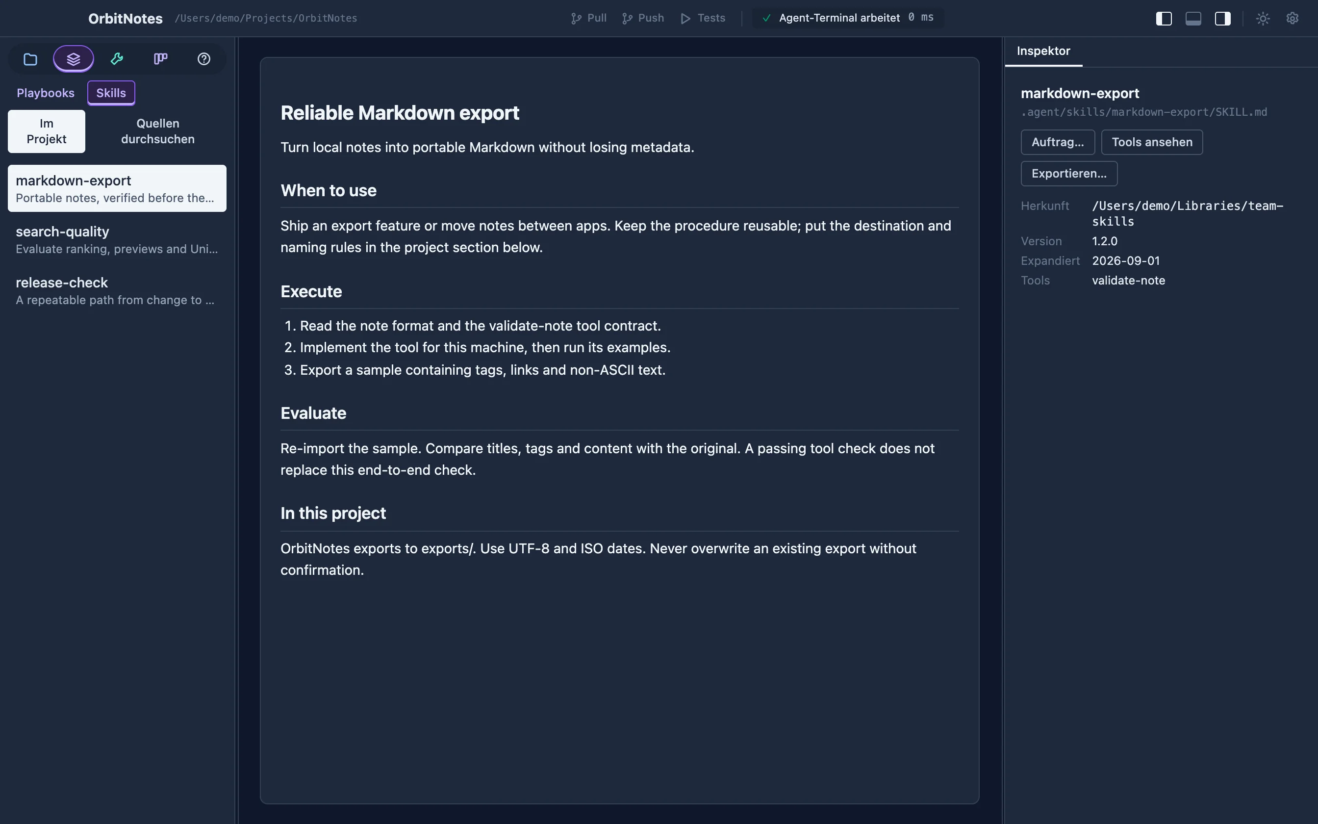 Speccify Skills view: a Markdown export procedure, project-specific guidance, source version and its validate-note tool