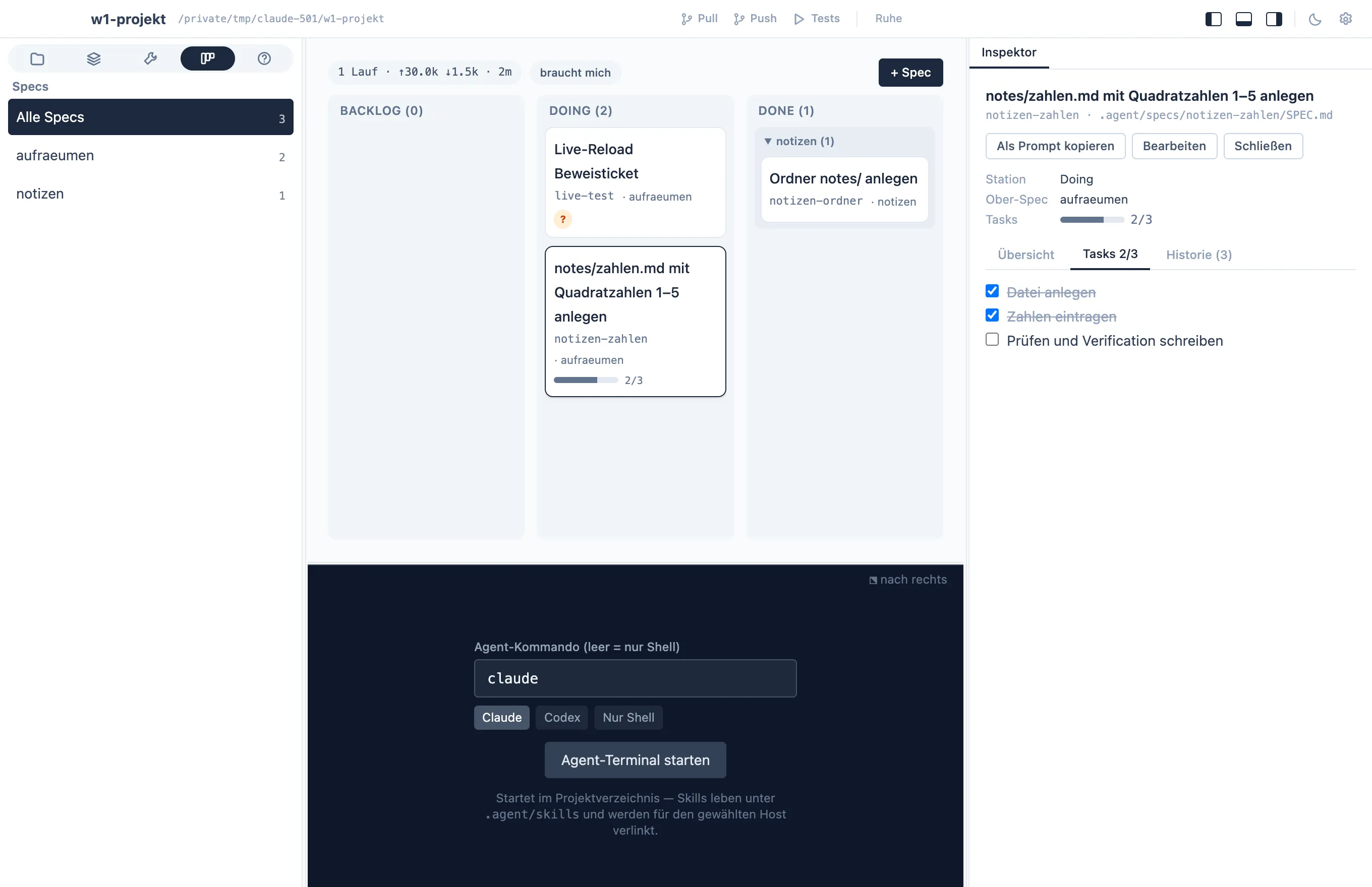 The specs board: three columns, progress on every card, the spec's tasks in the inspector