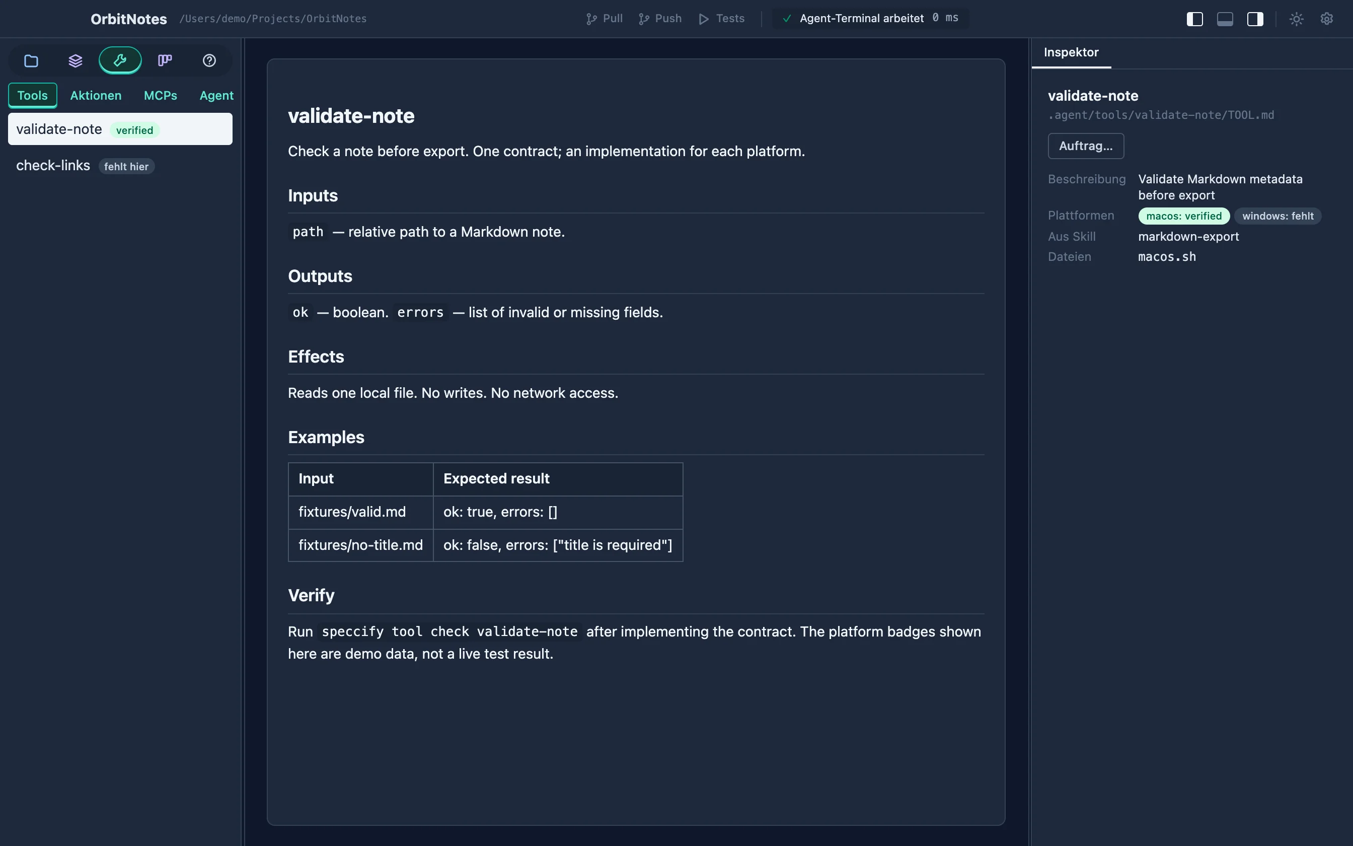 Tool contract with inputs, outputs, effects and examples, plus separate macOS verified and Windows missing states