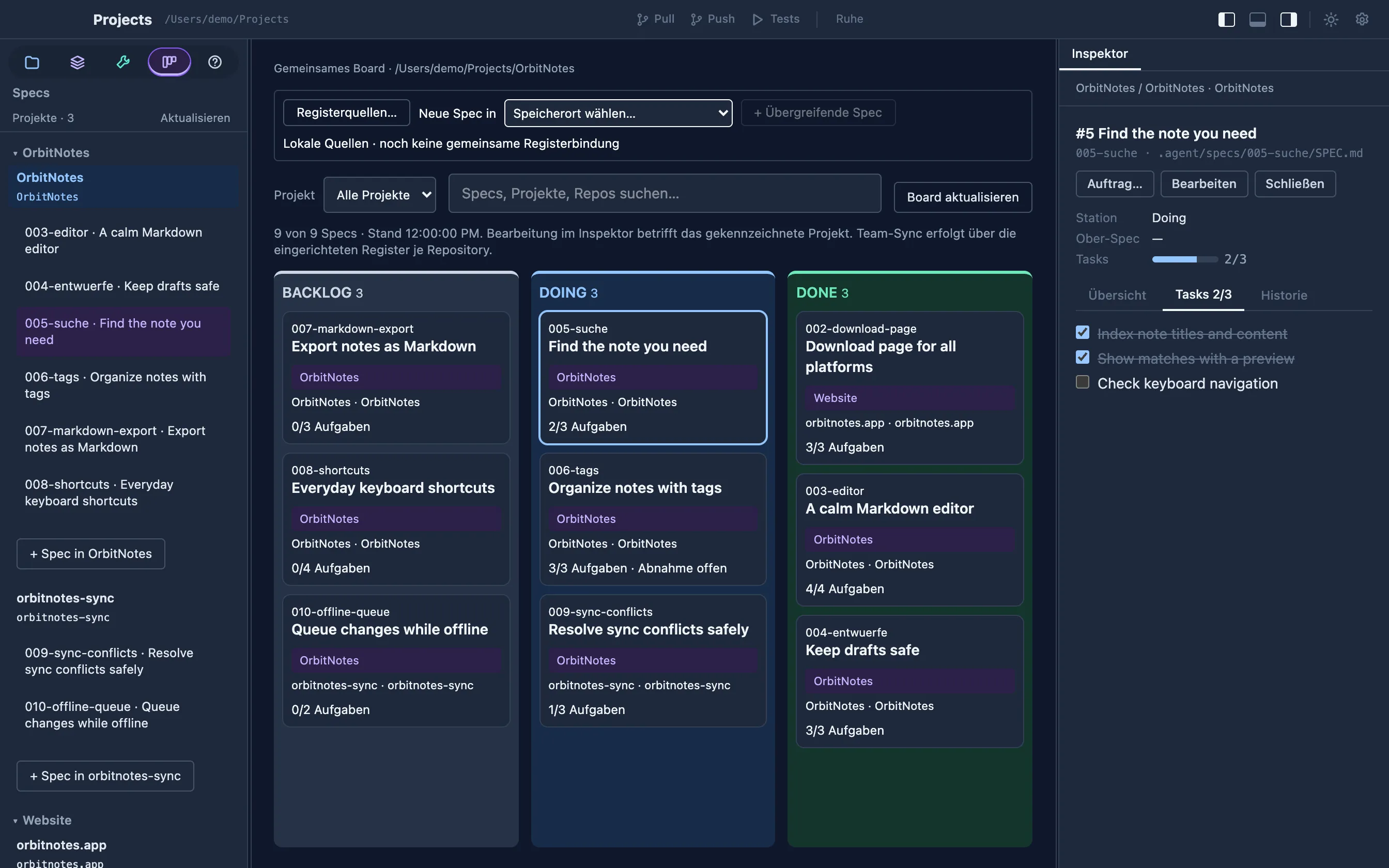 Workspace window: three repositories grouped into two projects in the navigator, a shared spec board in the middle, the selected spec's tasks in the inspector