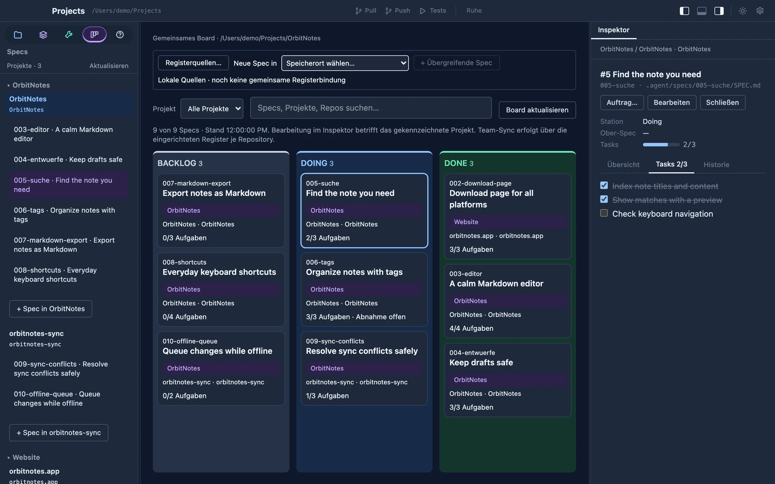 Workspace window with three repositories grouped into two projects in the navigator, a shared spec board and the selected spec's tasks in the inspector